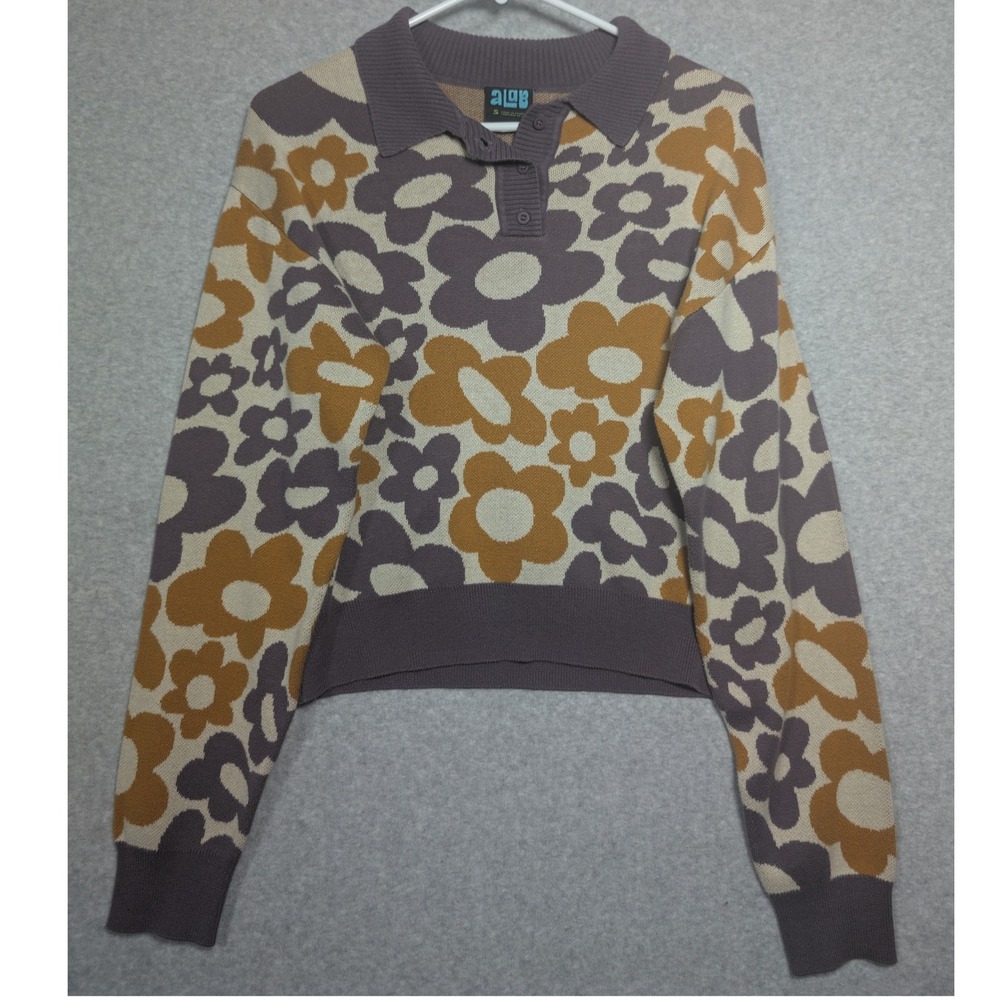 Floral Knit Polo Sweater Retro Cropped Small Floral‎ 1970s Style Groovy Preppy